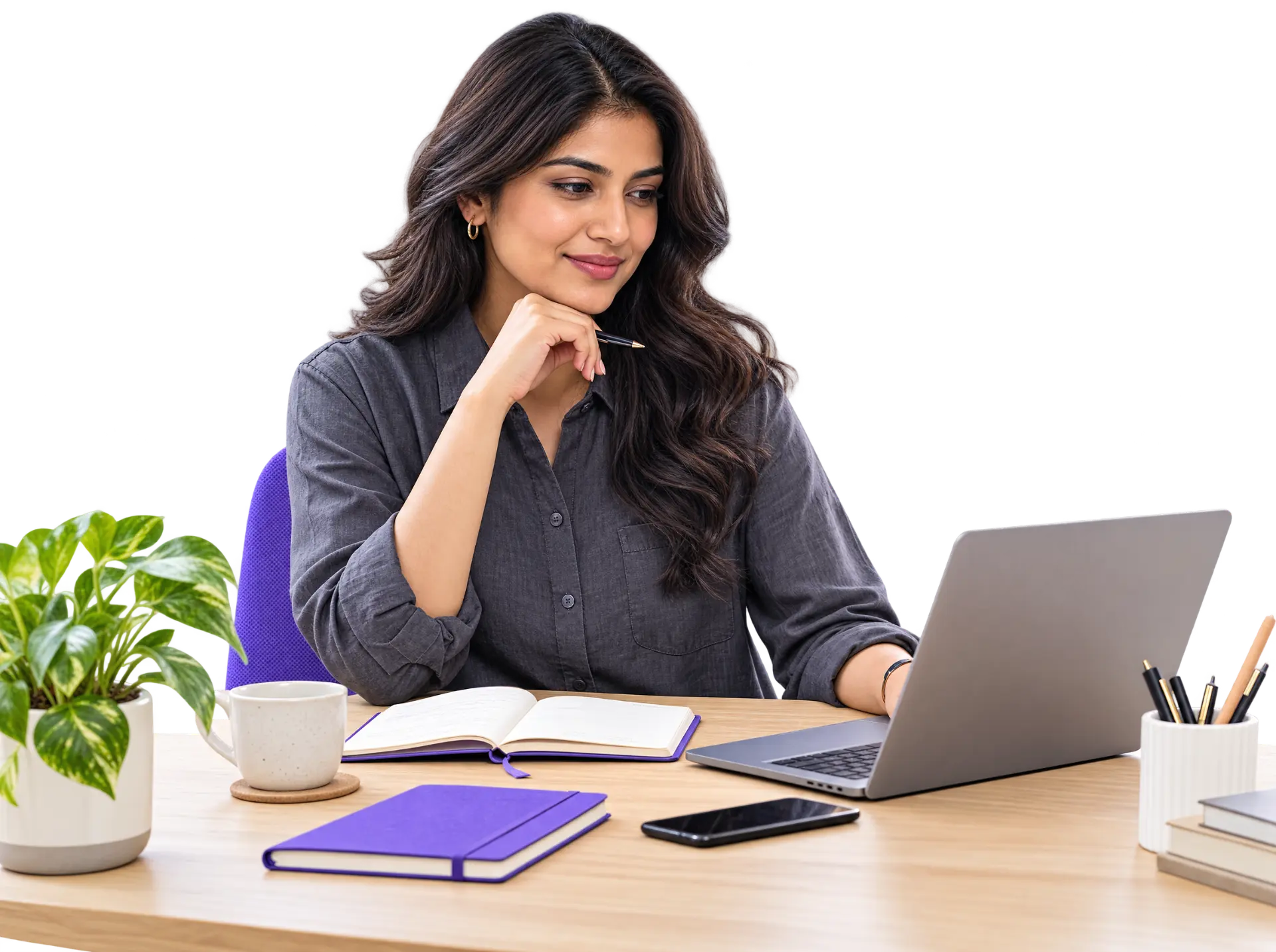 An independent professional reviewing work at a calm personal workspace