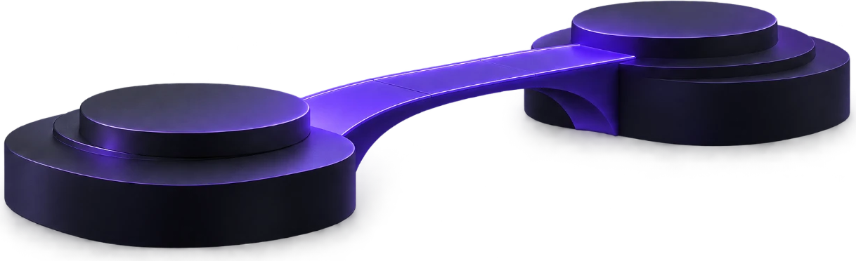 A violet sculptural bridge connecting two pale platforms