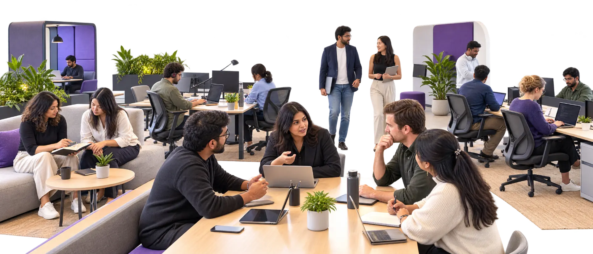 A fictional HireToday team collaborating in a spacious office